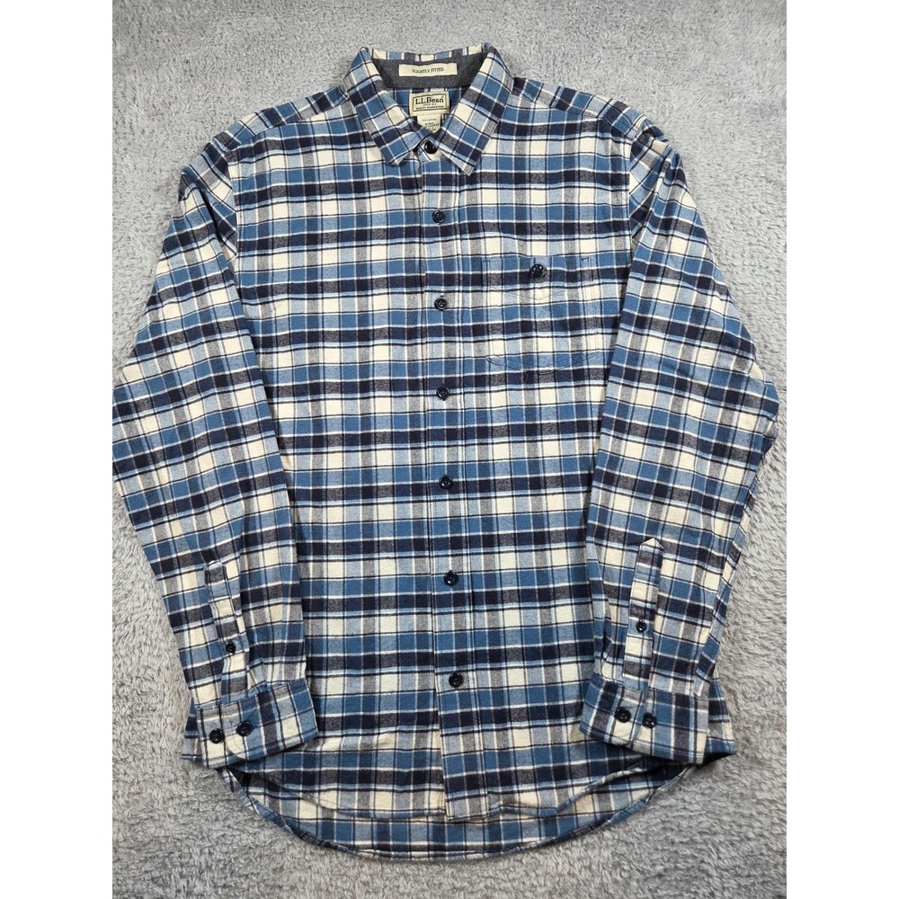 LL Bean Flannel Shirt Medium Blue Plaid Mens Slightly Fitted 502830 Long Sleeve